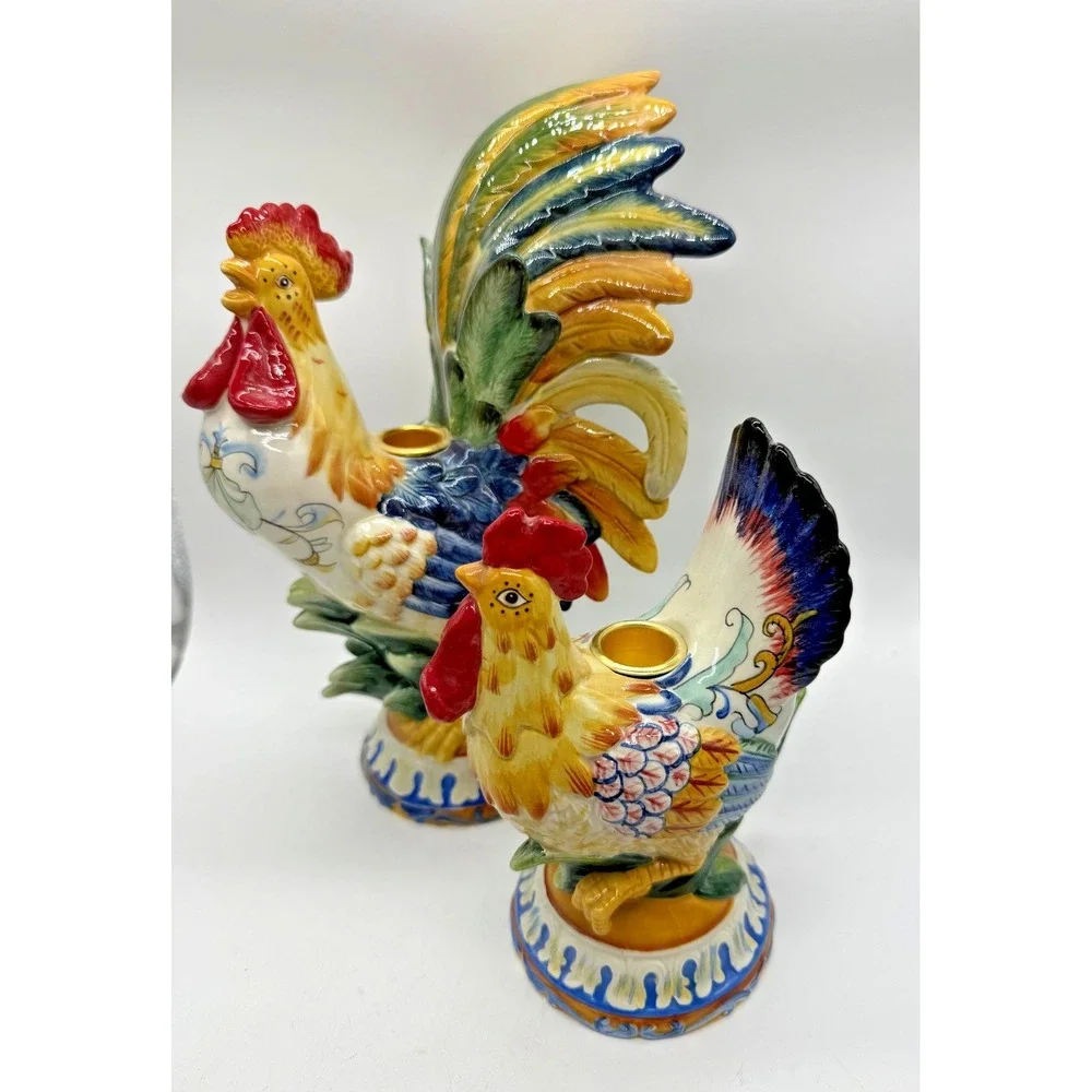 Fitz And Floyd Candle Holders Multicolor Rooster Hen Ricamo 2-Piece Hand Painted